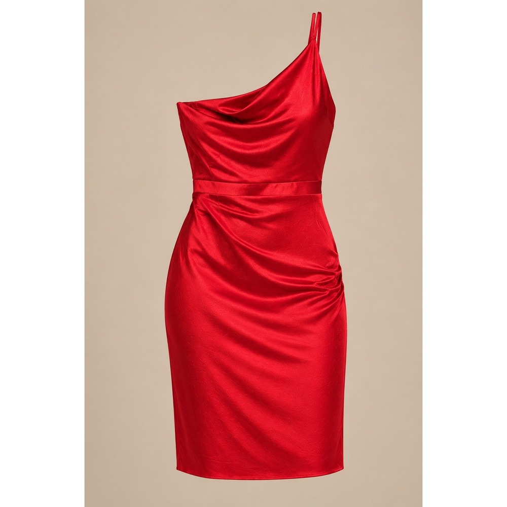 Express Womens Dress S Red Satin One Shoulder Cowl Neck Ruched Cocktail 07923658